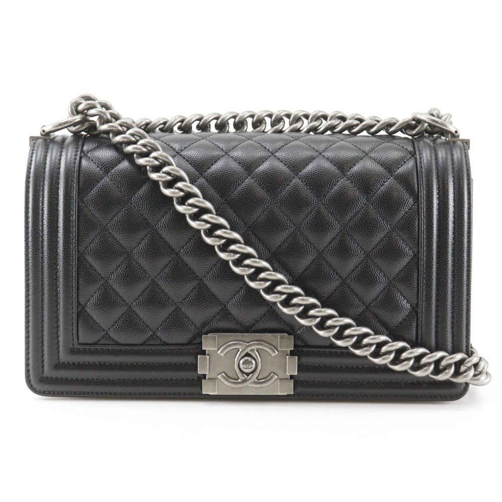 Chanel Boy Shoulder Bag, Antique Hardware, A67086, Caviar Leather, Black, Cro...